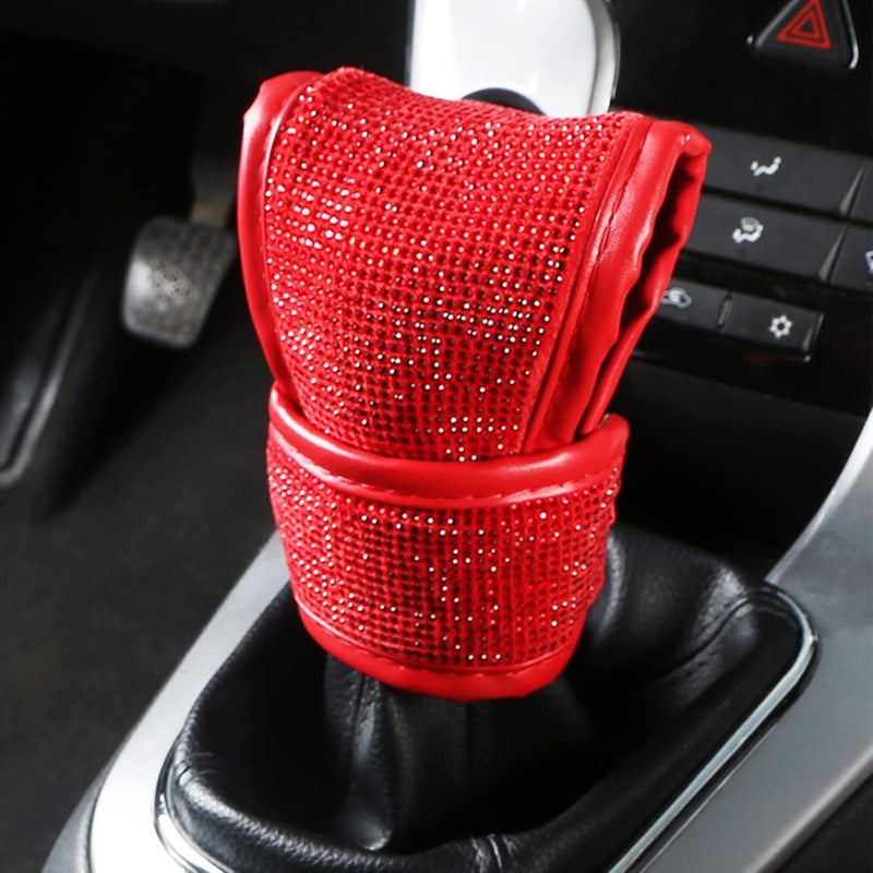 SPANICE Bling Bling Auto Shift Gear Cover, Leather Auto Gear Shift Knob Cover with Crystal Glitter Bling Rhinestones for Girls,Lady Universal Fit (Red) - Image 1